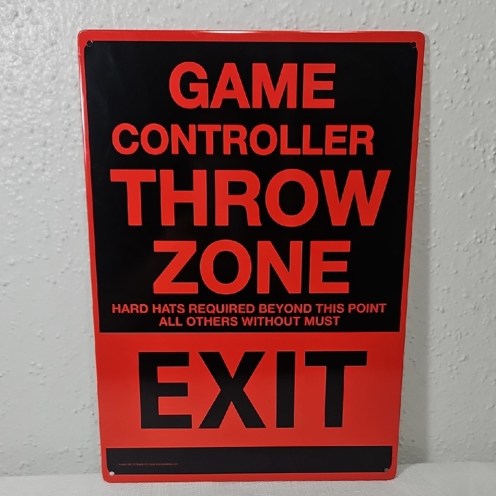 metal red & black gamer sign with 'Game Controller Throw Zone' text 11.5"x8"